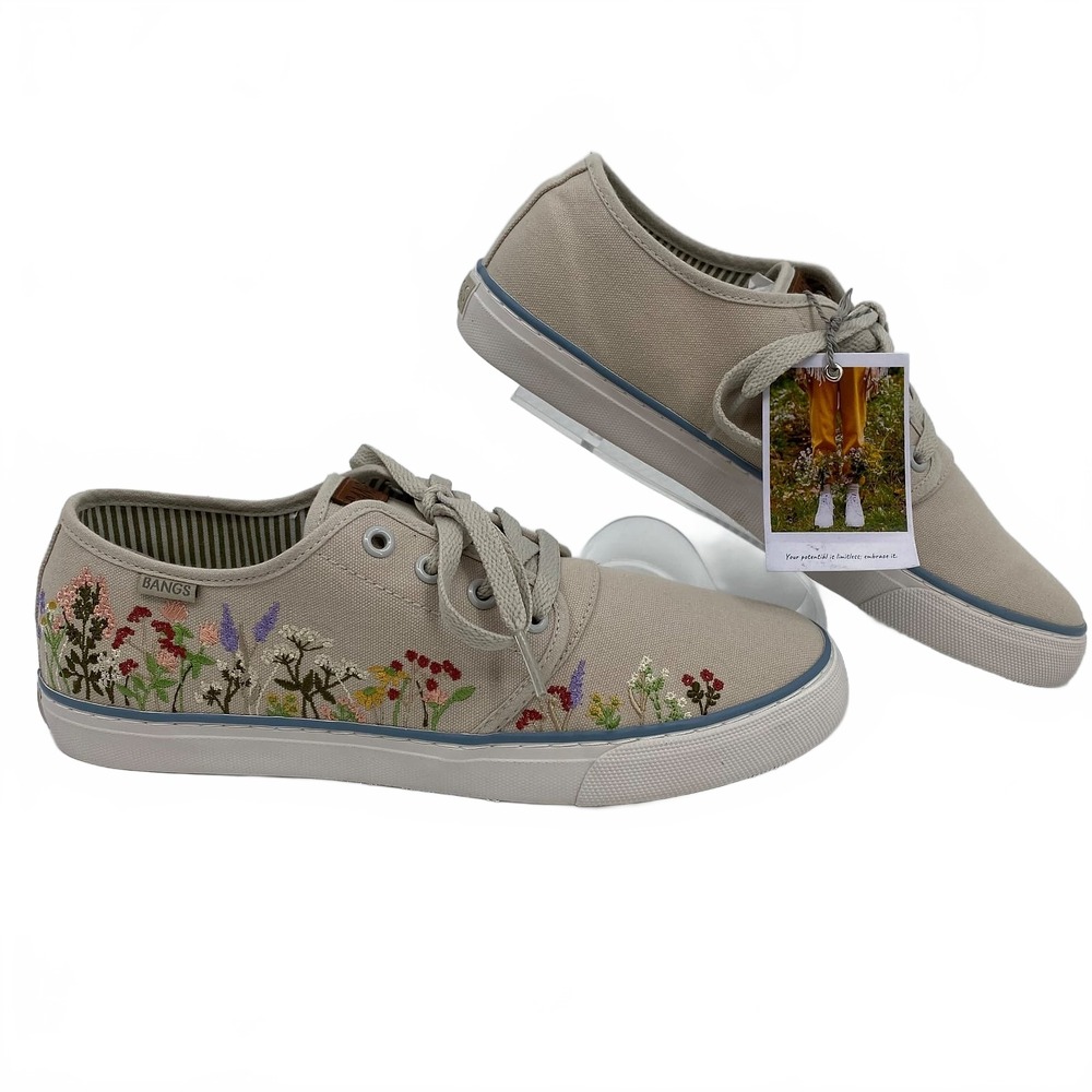Bangs Shoes Gray Sneakers Floral Embroidered | Womens 9.5